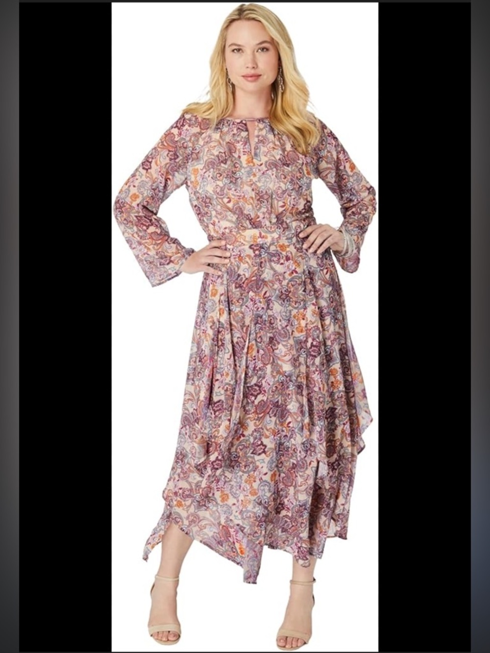 Roaman’s Paisley Print Long Sleeve Maxi Dress in Mauve Pink 18